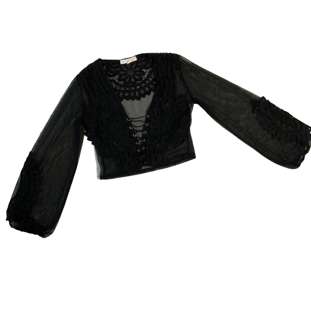 Hot‎ & Delicious Black Sheer Lace Balloon Sleeve Whimsigoth Blouse Size Large